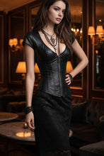 Load image into Gallery viewer, Women's Faux Leather Boned Corset Top – Zip-Front Deep V-Neck Waist Cinching Cap Sleeve
