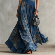 Load image into Gallery viewer, Women's Navy Blue Artistic Print Sleeveless Fitted Bodice Swing Maxi Dress
