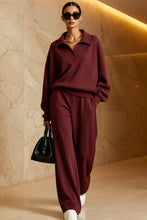 Load image into Gallery viewer, Women's Polo-Collar Oversized Sweatshirt &amp; Side-Stripe Wide-Leg Pants Set
