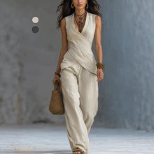 Load image into Gallery viewer, V-Neck Sleeveless Waist-Cinched Top &amp; Wide Leg Pants Two-Piece Set
