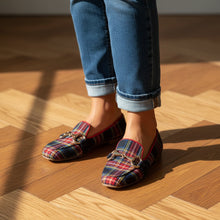 Load image into Gallery viewer, Women's Plaid Square Toe Flats – Buckle Casual Shoes in Red &amp; Blue
