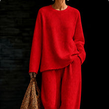Load image into Gallery viewer, Women's Waffle Knit Oversized Crew-Neck Pullover &amp; Relaxed Wide-Leg Trouser Lounge Co-ord Set
