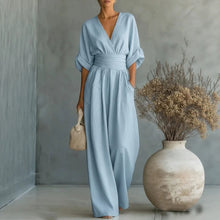 Load image into Gallery viewer, Women's V-Neck Wide-Leg Jumpsuit – High Waist Pleated Elegant 11 Colors S–5XL
