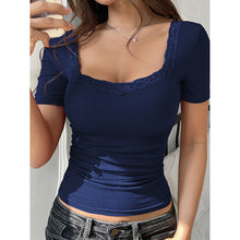 Load image into Gallery viewer, Women’s Y2K Lace Trim Slim Fit Tee – U-Neck Short Sleeve Top
