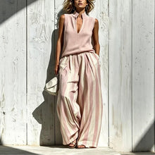 Load image into Gallery viewer, Women's Textured Knit V-Notch Stand Collar Tank &amp; Striped Wide-Leg Palazzo Pants Set
