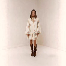Load image into Gallery viewer, Digital Print Lantern Sleeve Linen Midi Dress – Loose Fit Pullover
