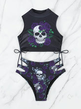 Load image into Gallery viewer, Bikini Skull Print Hollow-Out 2 Piece Swimsuit for Women – Sexy Lace-Up Floral Tie Bathing Suit with Crew Neck – High Stretch Halloween Inspired Bikini Set for Beach Party, Festival, and Summer Vacation
