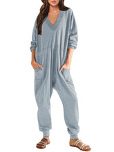 Load image into Gallery viewer, Women’s V-Neck Long Sleeve Solid Color Loose Jumpsuit With Two Side Pockets
