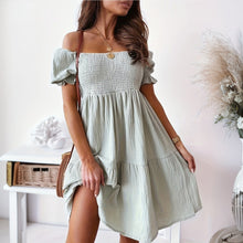 Load image into Gallery viewer, Casual One Word Collar Wrinkle Puff Sleeve Mid Dresses
