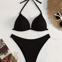 Load image into Gallery viewer, Bikini Rib Knit Solid Color Triangle 2 Piece Swimsuit for Women – Adjustable Tie Back Halter Bikini Set with Spaghetti Straps – High Stretch Polyester Swimwear for Summer Beachwear Poolside Relaxation and Tropical Vacation
