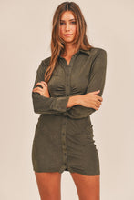 Load image into Gallery viewer, Front Ruched Button-Down Skinny Mini Shirt Dress – Button-Down Mini Dress, Ruched Shirt Dress, Bodycon Mini Dress, Skinny Fit Shirt Dress, Trendy Mini Dress
