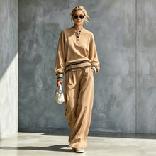 Load image into Gallery viewer, Women's Striped-Trim Henley Top &amp; Wide-Leg Pants Set
