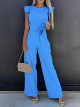 Load image into Gallery viewer, Ruffled Round Neck : Cap Sleeve Jumpsuit
