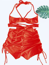 Load image into Gallery viewer, Coastal Curve Halter Bikini Set for Women – V-Neck Crisscross Drawstring Swimsuit with Chic Ring Detail &amp; High-Waisted Boxer Shorts for Summer – Sleek Two-Piece Nylon Swimwear for Women’s Beach &amp; Poolside Style
