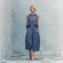 Load image into Gallery viewer, Women's Linen-Blend Sleeveless Two Piece Set with Ruffled Detailing
