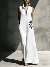 Load image into Gallery viewer, Women's Cotton Linen Mandarin Collar Maxi Dress – Graphic Print with Pockets
