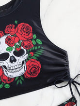 Load image into Gallery viewer, Bikini Skull Print Hollow-Out 2 Piece Swimsuit for Women – Sexy Lace-Up Floral Tie Bathing Suit with Crew Neck – High Stretch Halloween Inspired Bikini Set for Beach Party, Festival, and Summer Vacation

