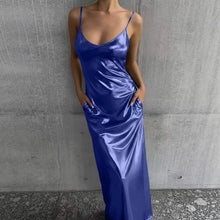 Load image into Gallery viewer, Textured Mirror-Finish U-Neck Slip Maxi Dress with Pockets
