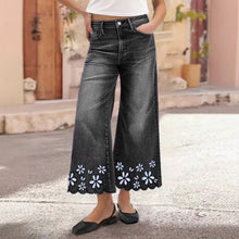 Load image into Gallery viewer, Chrysanthemum Embroidered Cropped Denim Jeans – Women's Loose Straight-Leg
