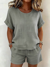 Load image into Gallery viewer, Women's Relaxed Cotton-Linen Cuffed Sleeve Top &amp; Shorts Two-Piece Set
