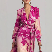 Load image into Gallery viewer, Women's Printed Chiffon Long Sleeve V-Neck Tie-Up Maxi Dress — Floral Fairy Dress
