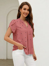 Load image into Gallery viewer, Women's V-Neck Heart Print Blouse – Petal Sleeve Pleated Front Elegant Top
