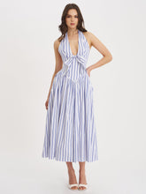 Load image into Gallery viewer, Mackenna Navy Stripe Halter Smock Back Maxi Dress
