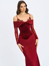 Load image into Gallery viewer, Maybelle Magenta Bardot Lace Strap Peplum Maxi Dress

