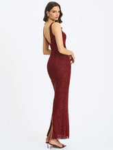 Load image into Gallery viewer, Elora Crimson Sequin Beaded Keyhole Maxi Dress
