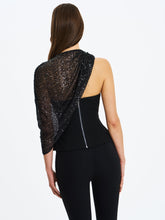 Load image into Gallery viewer, Quinette Black Peplum Top with Beaded Asymmetrical Cape
