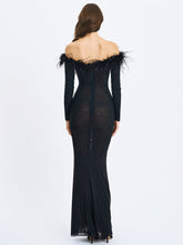 Load image into Gallery viewer, Emberly Black Fur Trimmed Off-Shoulder Rhinestone Mermaid Maxi Dress
