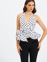 Load image into Gallery viewer, Ilene White and Black Polka Dot Bubble Hem Halter Top
