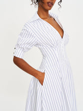 Load image into Gallery viewer, Palina Pinstripes Cotton Poplin Pleated Midi Preppy Shirt Dress
