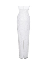 Load image into Gallery viewer, Lainey White Satin Sequin Pearls Beaded Maxi Dress
