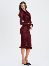 Load image into Gallery viewer, Halia Burgundy Animal Print Burnout Velvet Fur Trim Skirt
