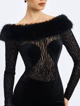 Load image into Gallery viewer, Alexis Black Velvet Animal Print Fur Boatneck Maxi Dress
