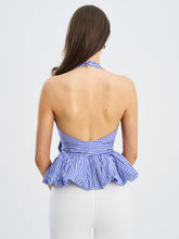 Load image into Gallery viewer, Ilene Blue and White Checkered Bubble Hem Halter Top
