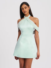 Load image into Gallery viewer, Zafrina Light Cyan Halter Off-shoulder Backless Mini Dress
