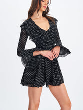 Load image into Gallery viewer, Omari Black Chiffon Polka Dot Ruffled Neckline Mini Dress
