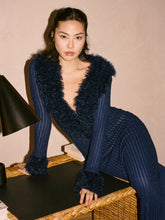 Load image into Gallery viewer, Romina Navy Plunging Fur Trimmed Crochet Maxi Dress
