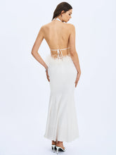 Load image into Gallery viewer, Solene Pleated Halter Backless Feather-Trim Maxi Dress
