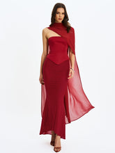 Load image into Gallery viewer, Giselle Crimson Peplum Mermaid Gown with Chiffon Scarf
