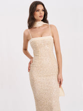 Load image into Gallery viewer, Raizel Gold Beaded Sequin Bodycon Gown with Scarf
