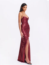 Load image into Gallery viewer, Sable Ruched Burgundy Glitter Mermaid Gown
