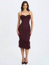 Load image into Gallery viewer, Pluma Maroon Halter Faux-Fur Trimmed Midi Dress
