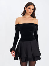 Load image into Gallery viewer, Magnolia Black Off-Shoulder Layered Satin Mini Dress
