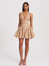 Load image into Gallery viewer, Mackenzie Green and Pink Floral Print Halter Linen Mini Dress
