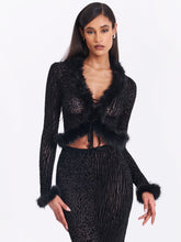 Load image into Gallery viewer, Hali Black Animal Print Burnout Velvet Fur Trim Top

