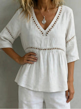 Load image into Gallery viewer, Women's V-Neck Hollow-Out Fringe Cotton-Linen Top
