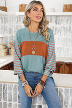 Load image into Gallery viewer, Green Color block Striped Women's Top with Bishop Sleeves and Side Slits
